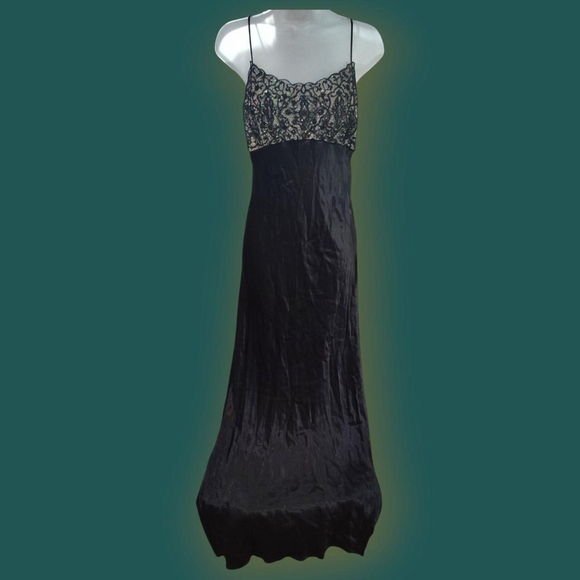 Vintage Jessica McClintock Gunne Sax Black Slip Dress w/ Gold Sequins Satin - Picture 1 of 2